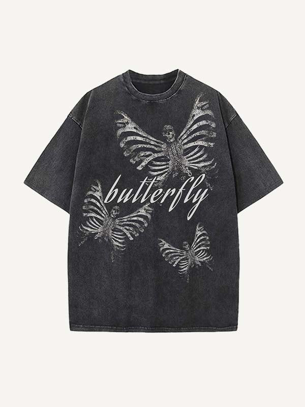 Distressed Washed Skeleton Print Round Neck T-shirt