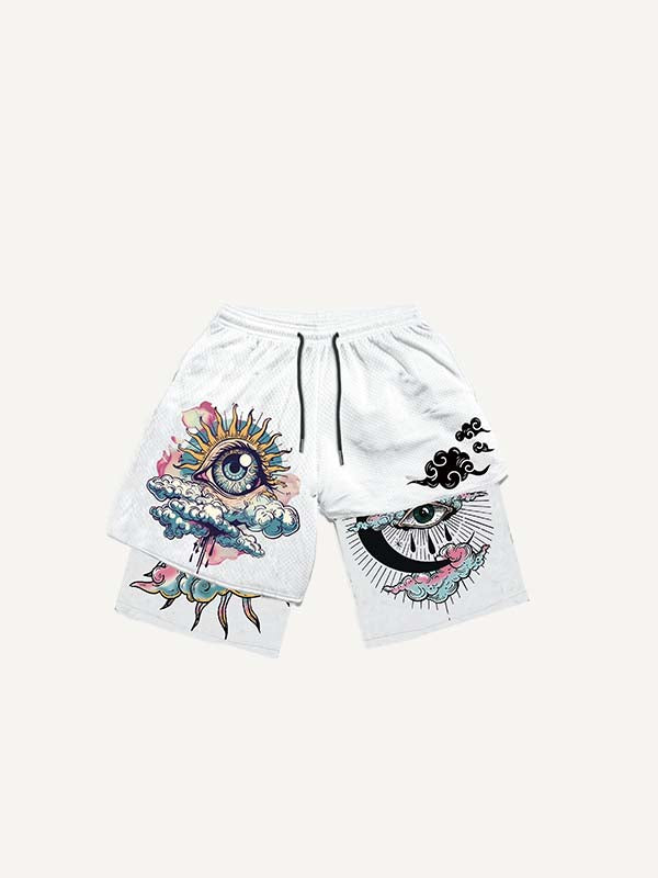 Fake Two Pieces Eye&Cloud Print Drawstring Waist Shorts