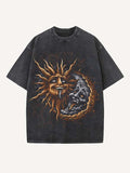 Distressed Washed Evil Moon&Sun Print Round Neck T-shirt
