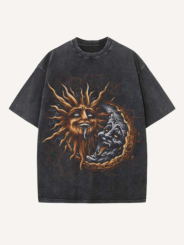 Distressed Washed Evil Moon&Sun Print Round Neck T-shirt
