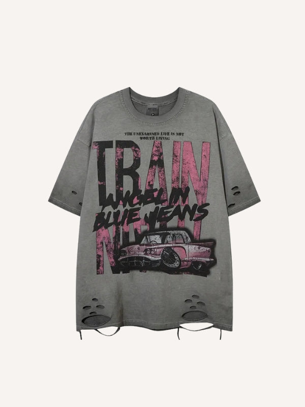 Distressed Washed Letter&Car Print Hole Round Neck T-shirt