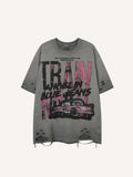 Distressed Washed Letter&Car Print Hole Round Neck T-shirt