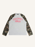 Camo Splicing Letter Print V Neck Long-sleeved T-shirt