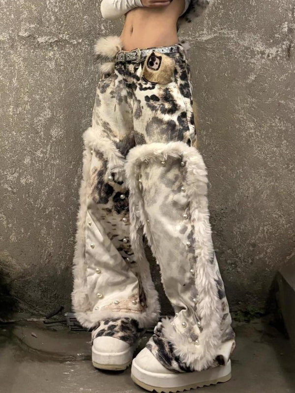 Distressed Washed Fleece Patchwork Leopard Print Jeans