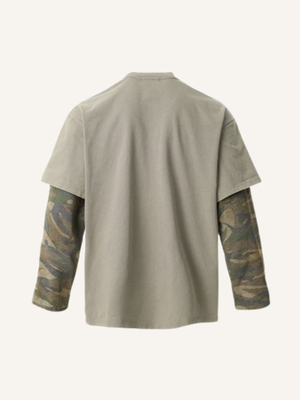 Fake Two-Piece Camo Graphic&Letter Print Hole Long-sleeved T-shirt
