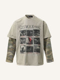 Fake Two-Piece Camo Graphic&Letter Print Hole Long-sleeved T-shirt