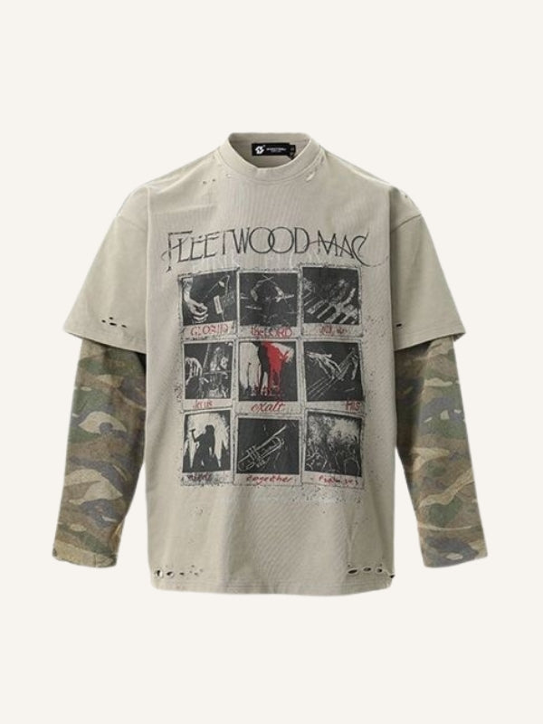 Fake Two-Piece Camo Graphic&Letter Print Hole Long-sleeved T-shirt