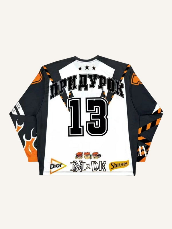 Colorblock Graphic&Letter Print Round Neck Long-sleeved T-shirt