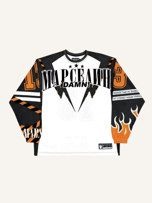 Colorblock Graphic&Letter Print Round Neck Long-sleeved T-shirt