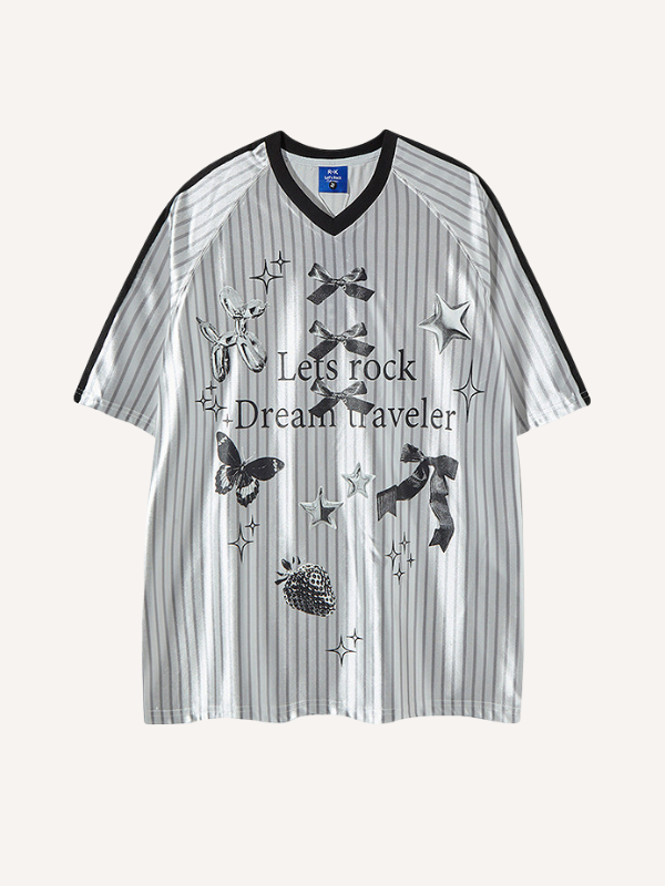 Butterfly&Graphic&Letter&Stripe Print V Neck T-shirt