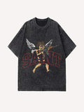 Distressed Washed Angel&Letter Graphic Print Round Neck T-shirt
