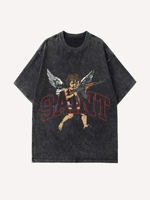 Distressed Washed Angel&Letter Graphic Print Round Neck T-shirt