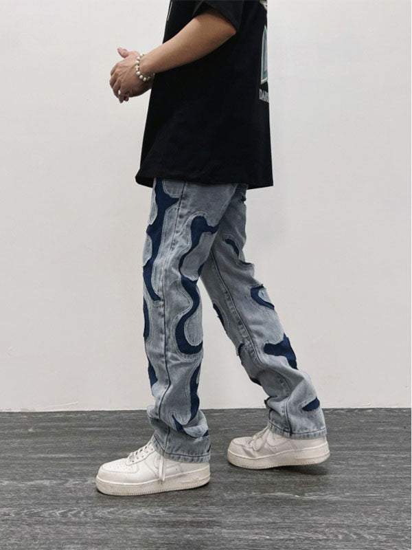 Colorblock Destroy Patchwork Embroidery Straight Jeans