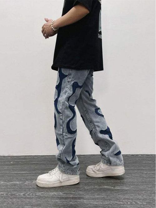 Colorblock Destroy Patchwork Embroidery Straight Jeans