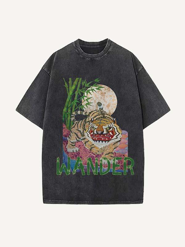 Distressed Washed Tiger&Letter Print Round Neck T-shirt
