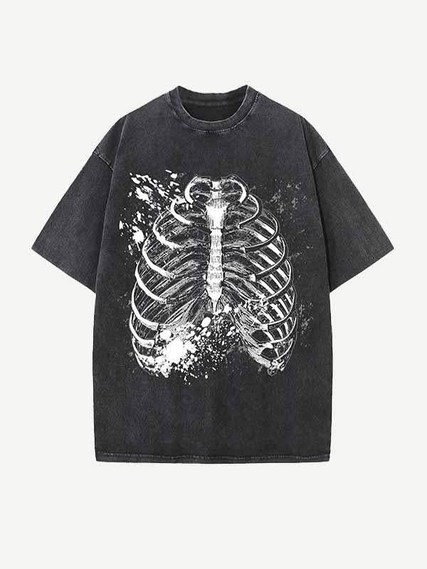 Distressed Washed Broken Skeleton Print Round Neck T-shirt