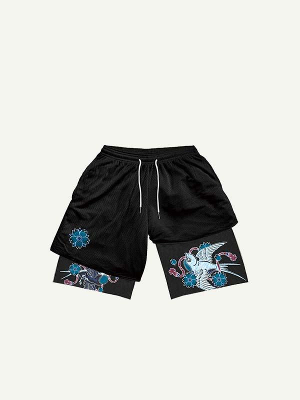 Fake Two Pieces Bird&Floral Print Drawstring Waist Shorts