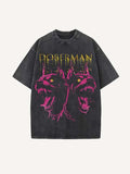 Distressed Washed Dog&Letter Print Round Neck T-shirt