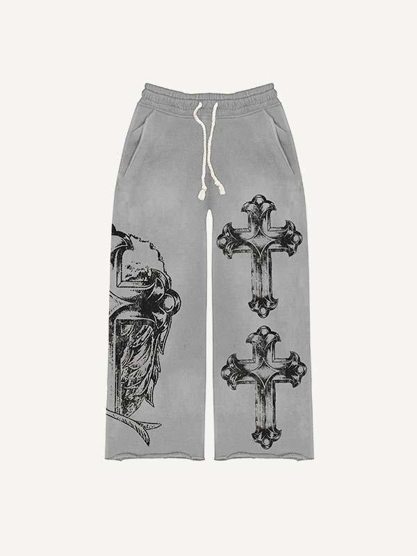 Cross&Letter&Graphic Print Elastic Waist Pants