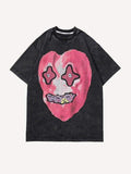 Distressed Washed Human Face Heart Print Round Neck T-shirt