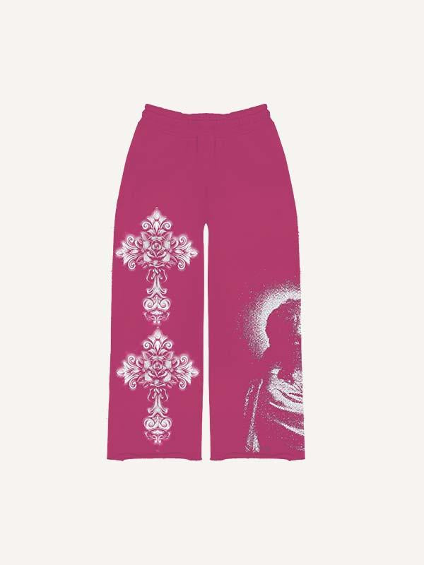 Figure&Cross&Floral Print Elastic Waist Pants
