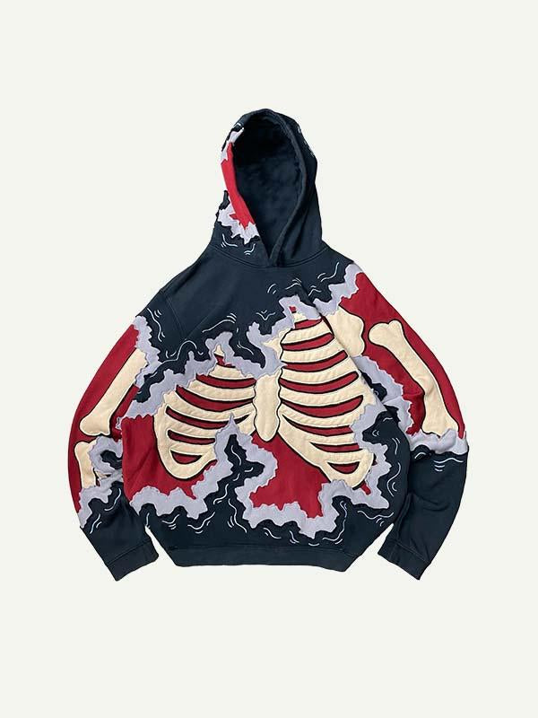 Colorblock Skeleton Faux Decal Print Slant Pockets Hoodie