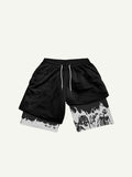 Fake Two Pieces Skeleton Print Drawstring Waist Shorts