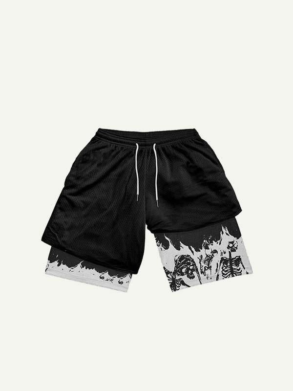Fake Two Pieces Skeleton Print Drawstring Waist Shorts