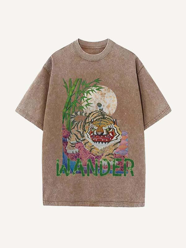Distressed Washed Tiger&Letter Print Round Neck T-shirt