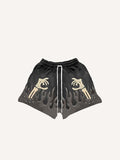 Colorblock Fire&Skull Palm Faux Decal Print Drawstring Waist Shorts