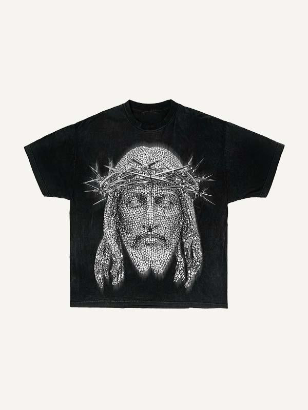 Distressed Washed Jesus Faux Rhinestones Print Round Neck T-shirt
