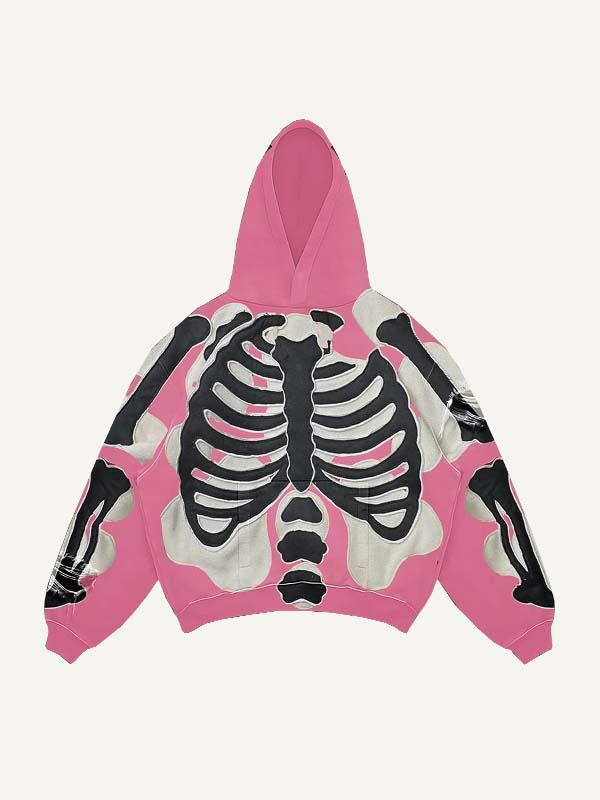 Colorblock Skeleton Faux Decal Print Slant Pockets Hoodie