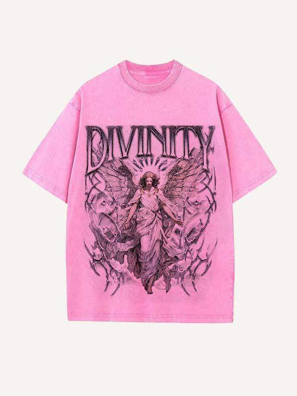 Distressed Washed Angel&Letter Print Round Neck T-shirt