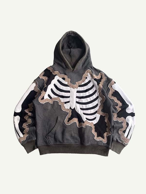 Colorblock Skeleton Faux Decal Print Slant Pockets Hoodie