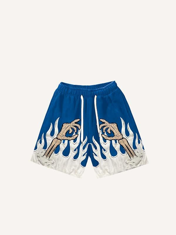 Colorblock Fire&Skull Palm Faux Decal Print Drawstring Waist Shorts