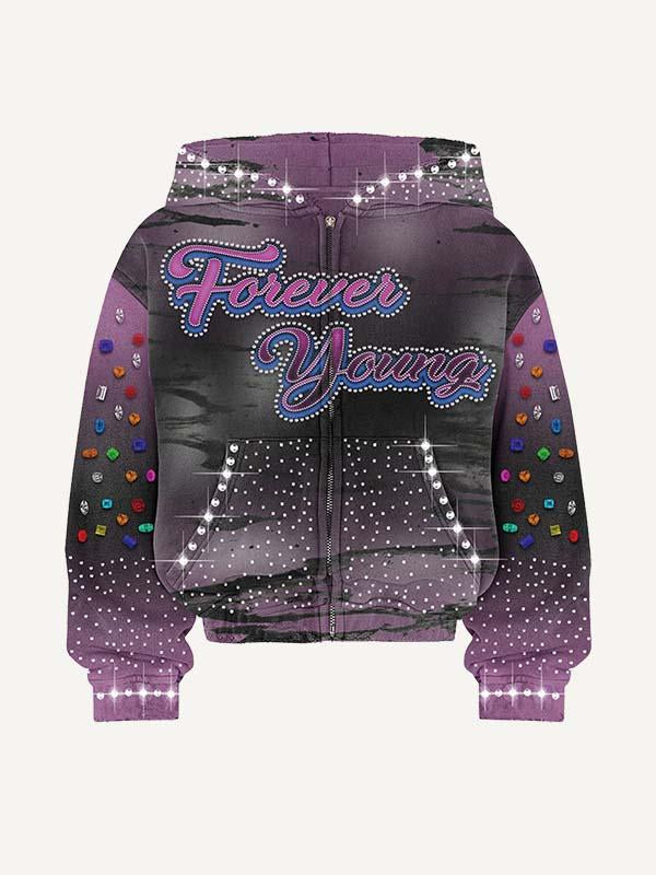 Colorblock Letter&Graphic Faux Rhinestones Print Zip Up Hooded Coat