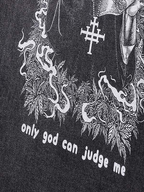 Distressed Washed Nun&Letter Graphic Print Round Neck T-shirt