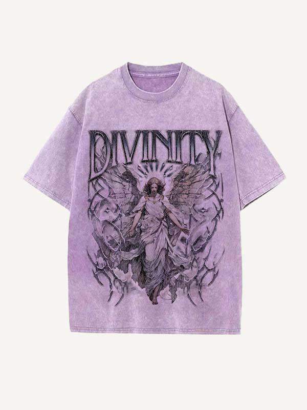 Distressed Washed Angel&Letter Print Round Neck T-shirt