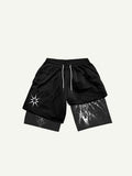 Fake Two Pieces Figure&Wing Graphic Print Drawstring Waist Shorts