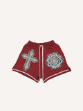 Cross&Letter Graphic Faux Decal Print Drawstring Waist Shorts