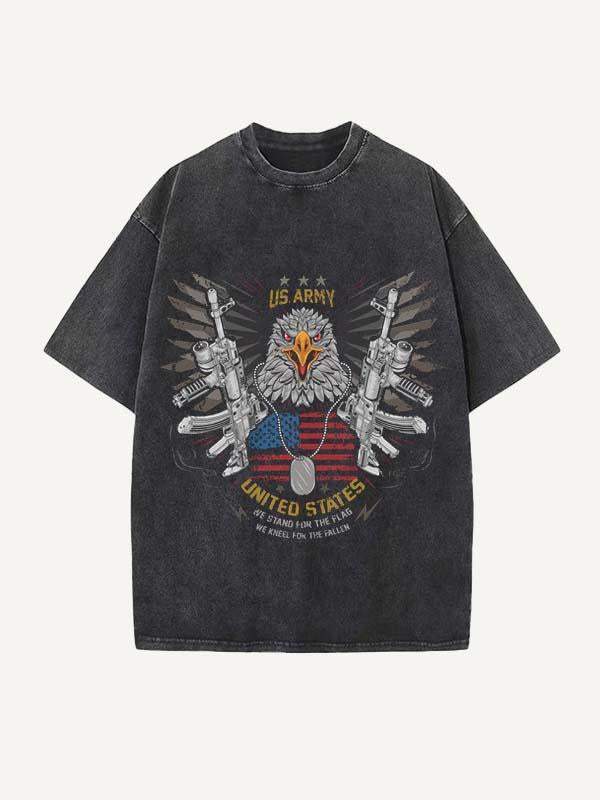 Distressed Washed Us Eagle Graphic Print Round Neck T-shirt