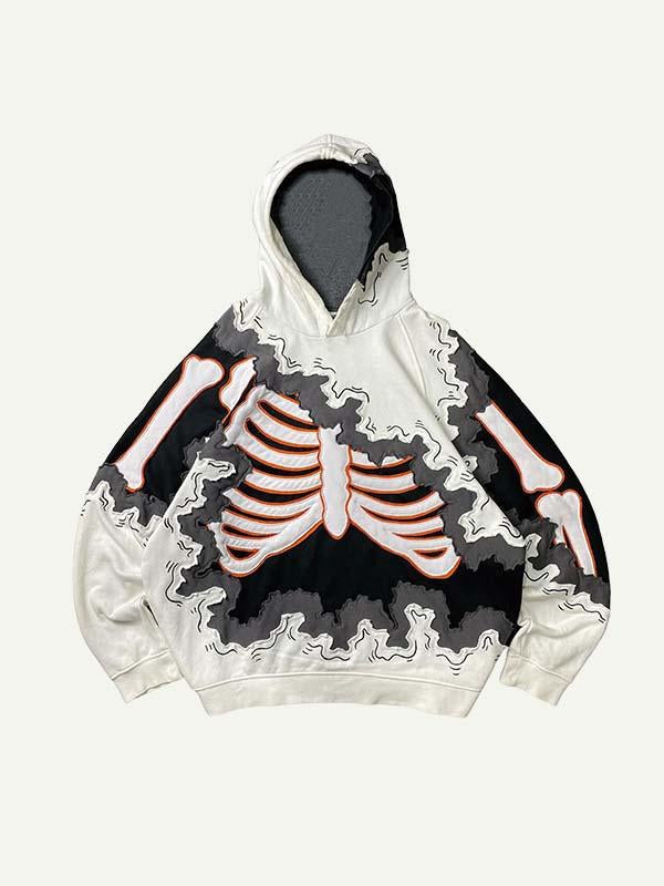 Colorblock Skeleton Faux Decal Print Slant Pockets Hoodie