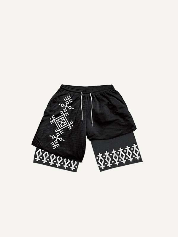 Fake Two Pieces Graphic Print Drawstring Waist Shorts
