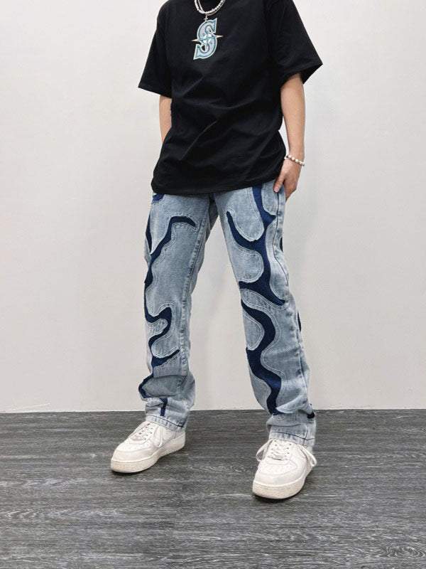 Colorblock Destroy Patchwork Embroidery Straight Jeans
