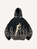 Colorblock Fire&Skull Palm Faux Decal Print Slant Pockets Hoodie