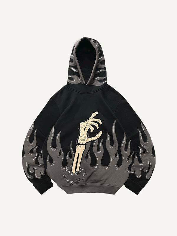 Colorblock Fire&Skull Palm Faux Decal Print Slant Pockets Hoodie