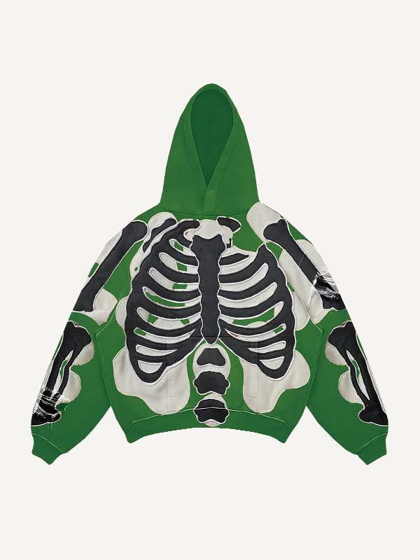 Colorblock Skeleton Faux Decal Print Slant Pockets Hoodie