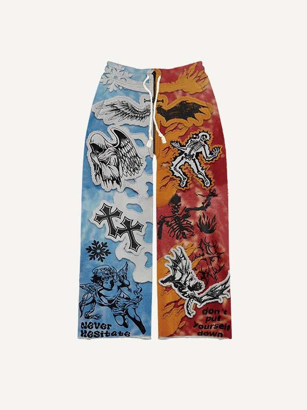 Colorblock Half Angel Half Devil Figure&Wing&Skeleton&Fire&Snow&Sword&Cross&Letter Faux Decal Print Elastic Waist Pants