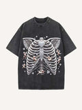 Distressed Washed Cupid&Skeleton&Letter&Heart Print Round Neck T-shirt