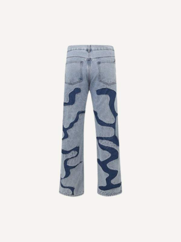 Colorblock Destroy Patchwork Embroidery Straight Jeans